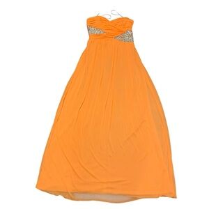 City Triangles vibrant orange gown strapless, sweetheart neckline, rhinestones